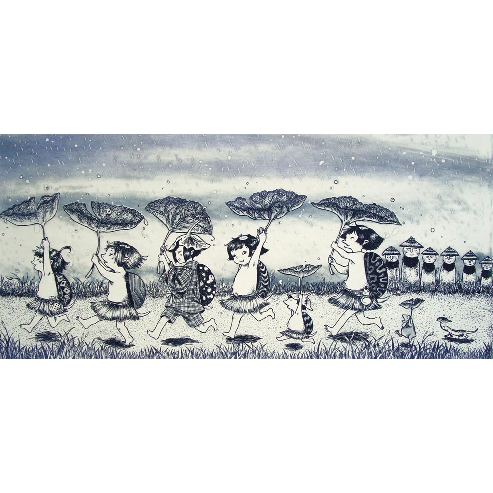 「雨乞いダンス」　2015　エッチング、アクアチント、ドライポイント　14.5×31cm